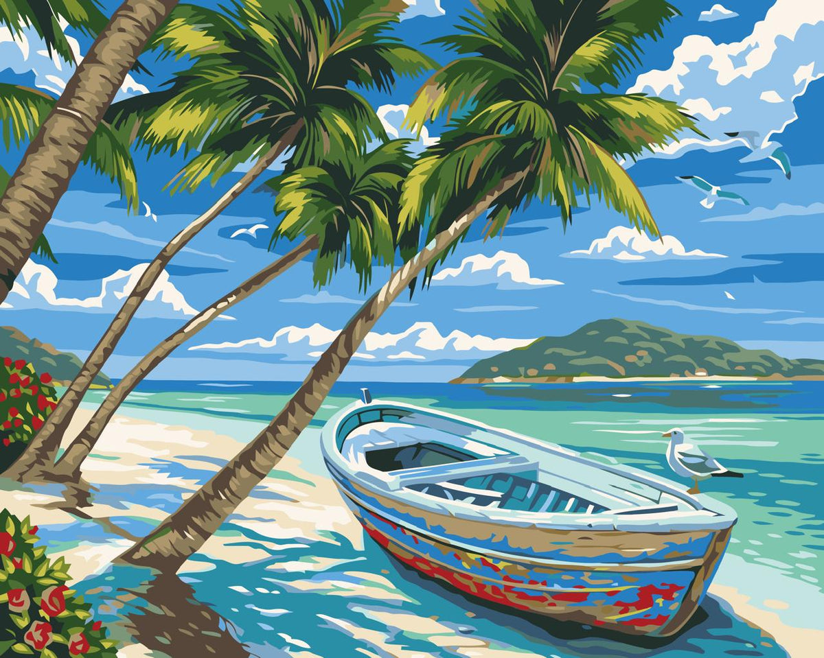 Kit de pintura por números Canoa y Palmas 40x50cm - diseño playa y mar - My Box Hub