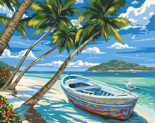 Kit de pintura por números Canoa y Palmas 40x50cm - diseño playa y mar - My Box Hub