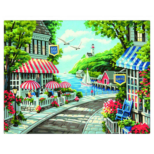 Kit de pintura por números Pueblo junto al Mar 40x50cm - diseño ciudades y playa - My Box Hub